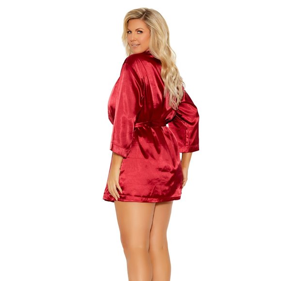 Plus Size Burgundy Charmeuse Kimono Robe - Picture 2 of 3
